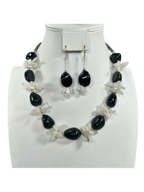 Silver Sheen Obsidian & Moonstone 925 Chunky Beaded Gemstone Necklace & Earrings